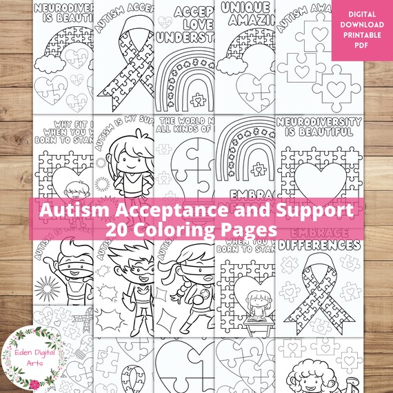 Autism acceptance support love coloring pages autistic kids parents family awareness activity classroom craft posters printable pdf