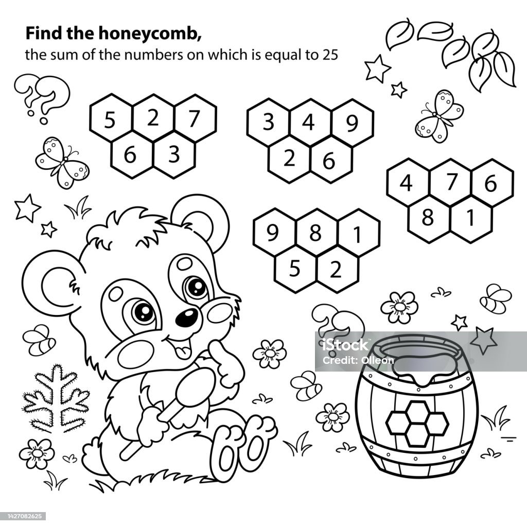 Math addition game puzzle for kids coloring page outline of cartoon little bear cub with barrel of honey coloring book for children stock illustration