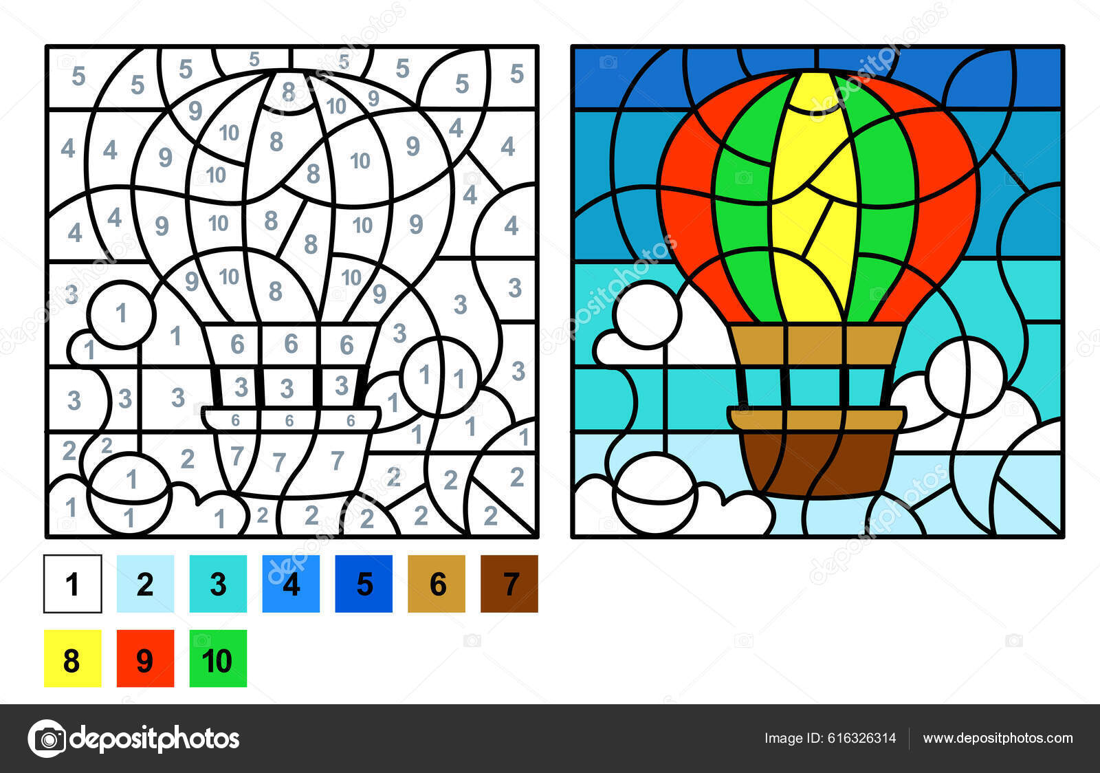 Puzzle game color number hot air balloon vector coloring page stock vector by natasha