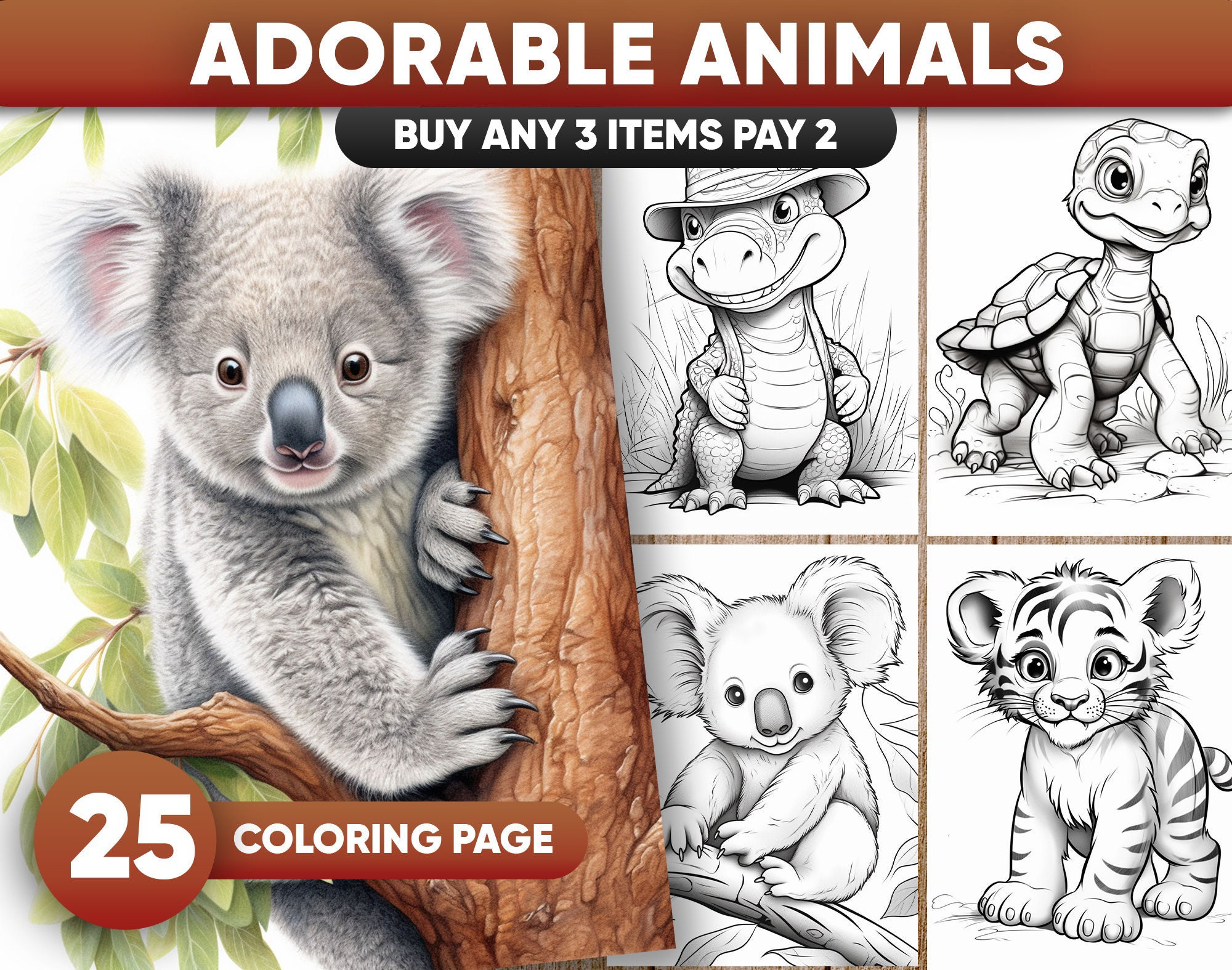 Adorable animals safari coloring pages for kids instant download preschool coloring grayscale coloring book printable pdf file