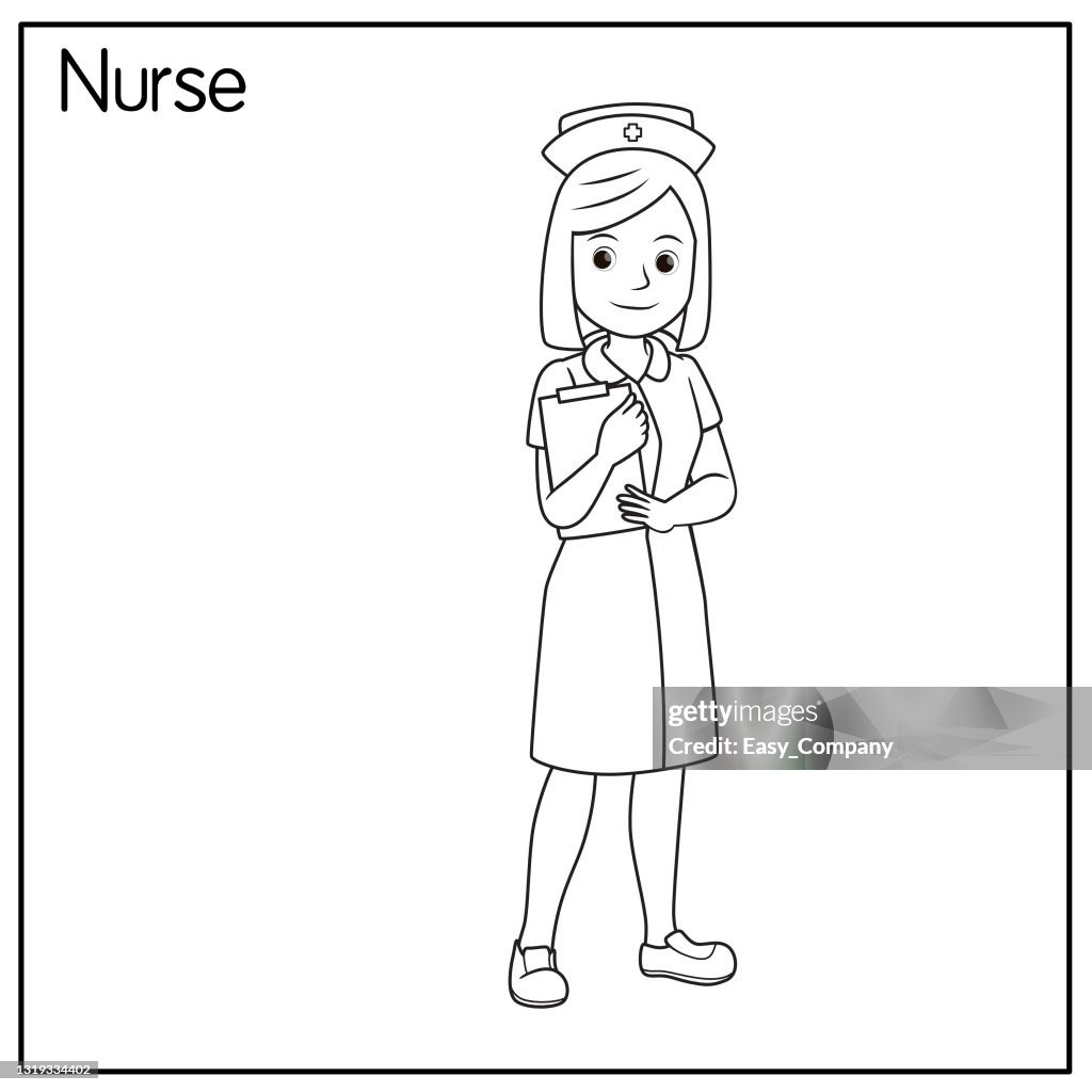 Vector illustration of nurse isolated on white background jobs and occupations concept cartoon characters education and school kids coloring page printable activity worksheet flashcard high