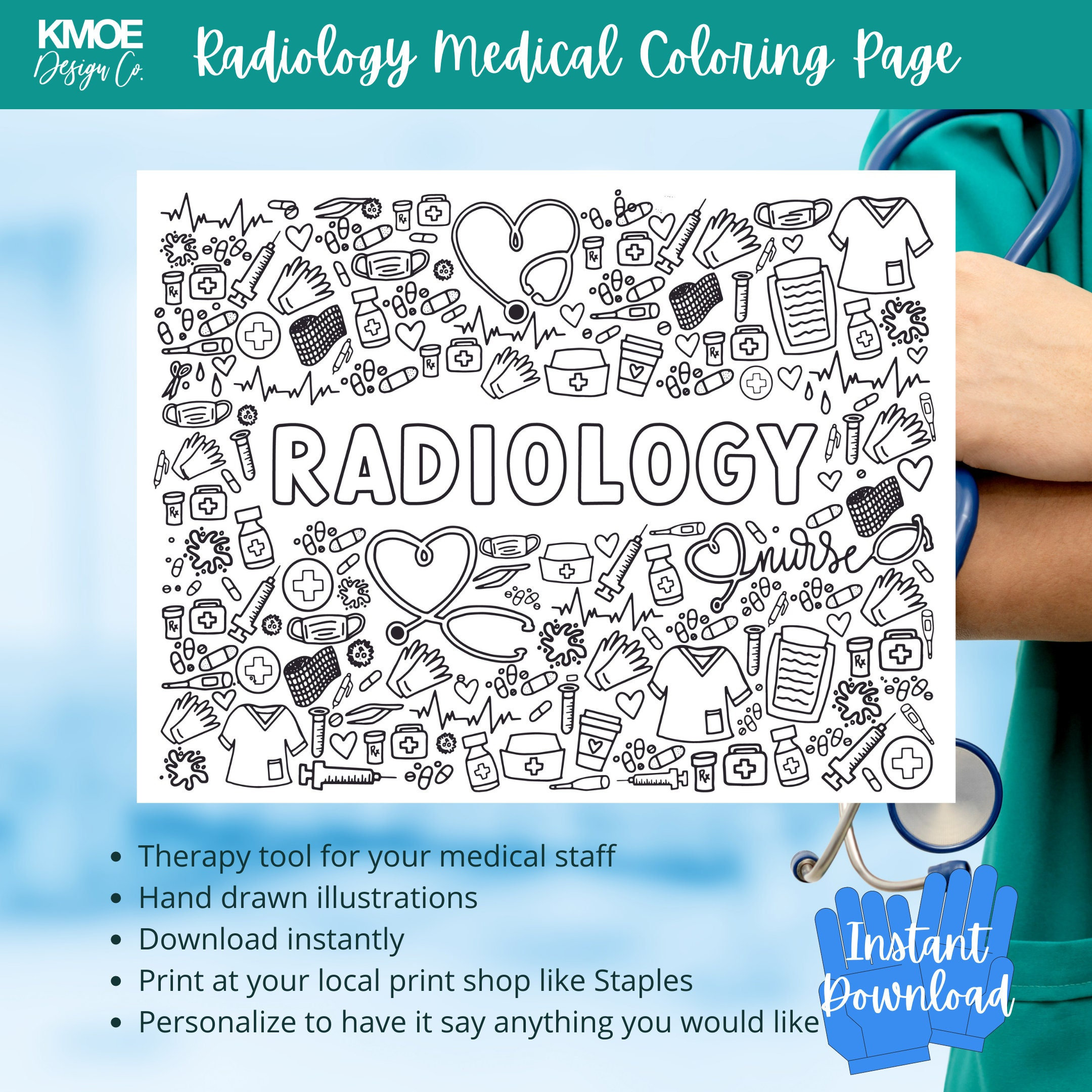 Radiology coloring page nurse appreciation gift adult coloring book medical coloring medicine doodle printable digital download healthcare