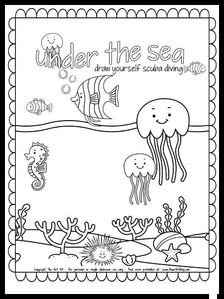 Ocean coloring page â draw yourself in the scene scuba diving free printable â the art kit