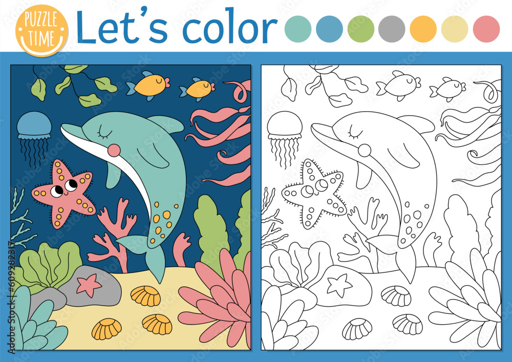 Under the sea coloring page for children with dolphin underwater scene vector ocean life outline illustration color book for kids with colored example drawing skills printable worksheet vector