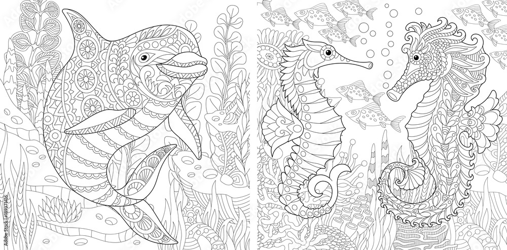 Coloring page adult coloring book underwater ocean world dolphin among marine seaweed sea horse shoal of tropical fishes antistress freehand sketch collection with doodle and zentangle elements vector