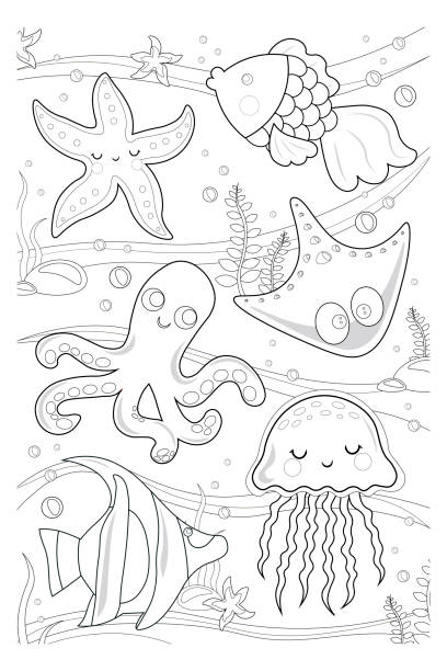 Vector coloring book marine life coloring page sea life underwater world with fish algae squid octopus starfish jellyfish for kids stock illustration