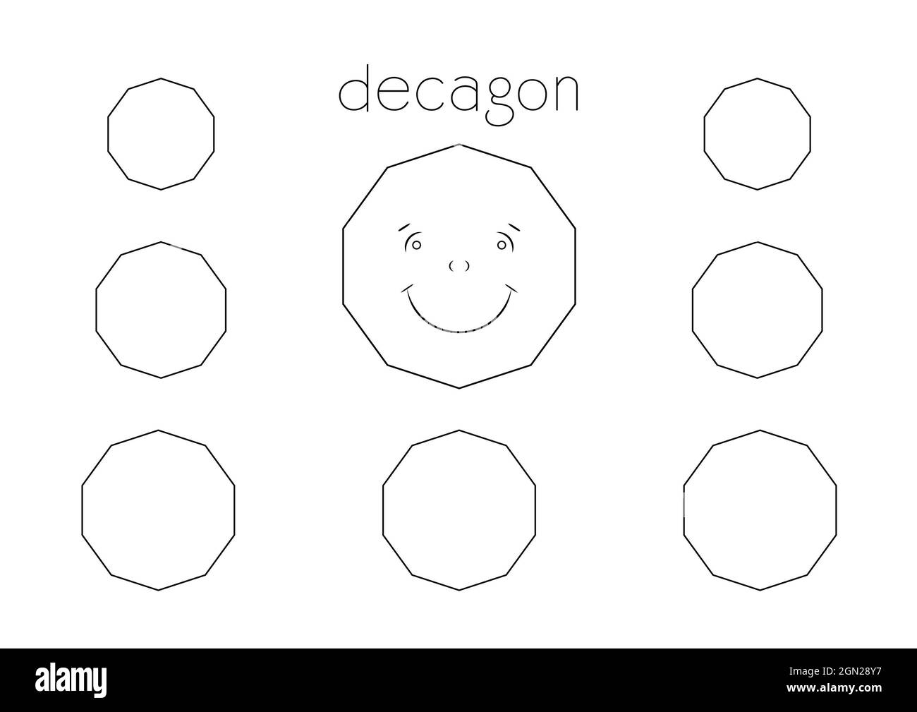 Geometric shape with ten sides coloring page for kids with one big cartoon decagon and more shapes to color outline black and white illustration stock photo