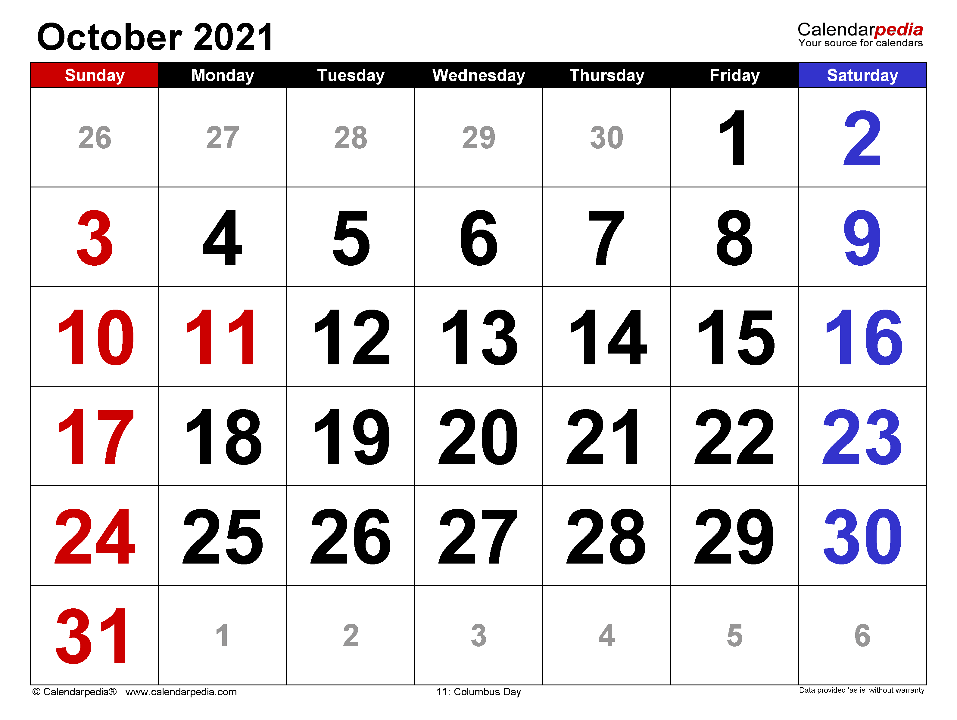 October calendar templates for word excel and pdf