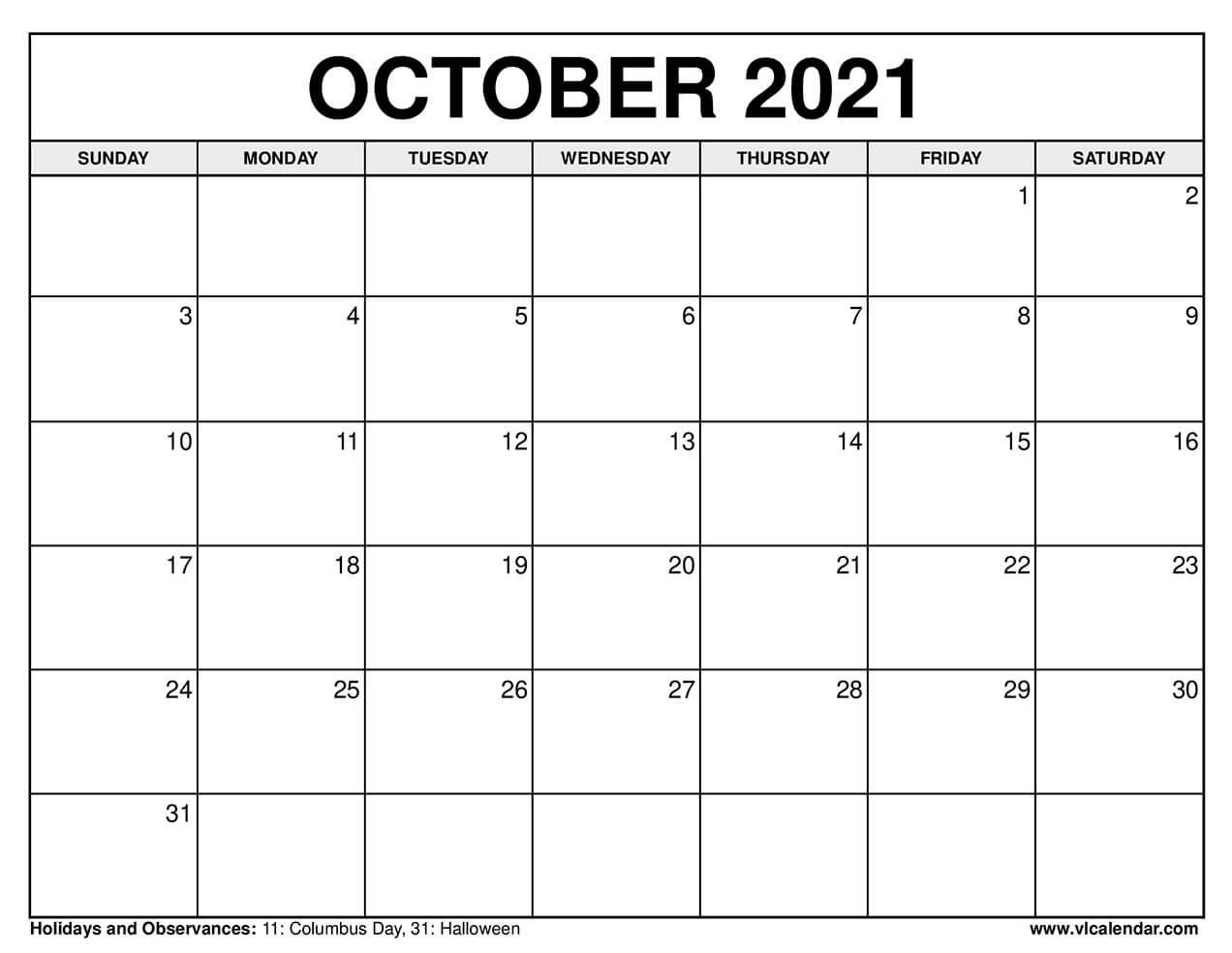 October calendar printable templates with holidays