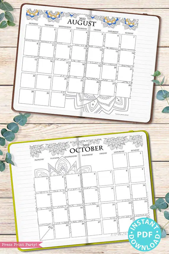 Monday start monthly printable calendars mandala