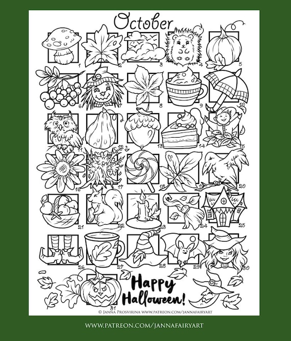 October treats countdown coloring page calendar to color printable art of janna prosvirina