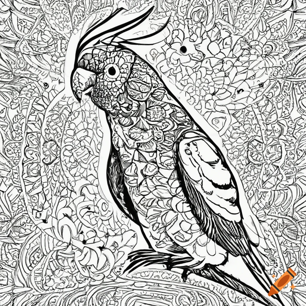 Colouring pages for adult mandala bird image cockatiel white background black and white on