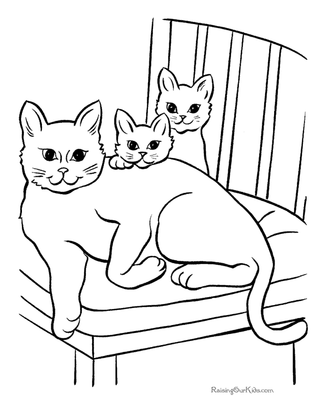 Two kittens and mother cat coloring page