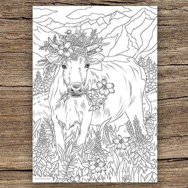 Cow in flowers printable adult coloring page from favoreads coloring book pages for adults and kids coloring sheets coloring designs