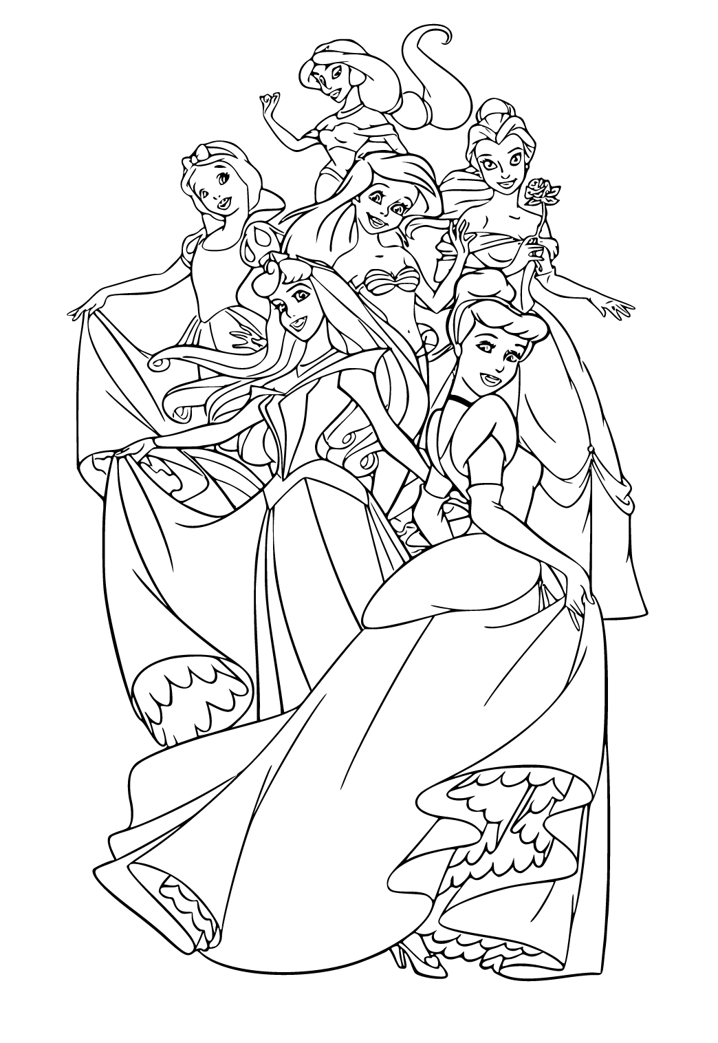 Free printable disney princess characters coloring page for adults and kids