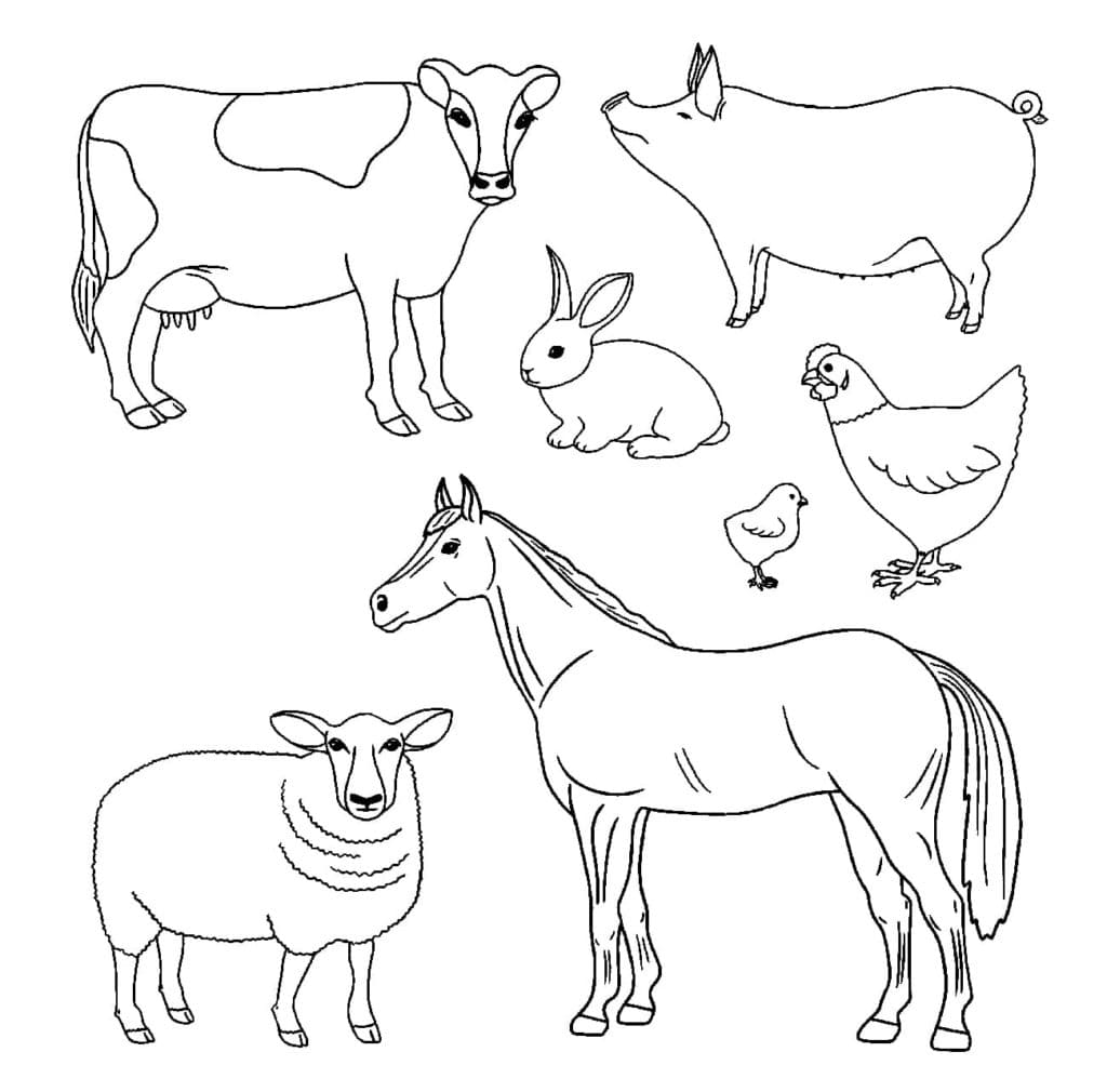 Many farm animals coloring page