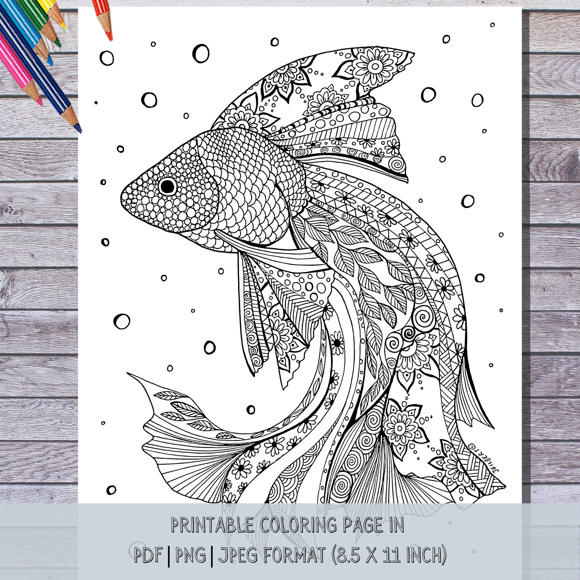 Printable fish coloring page instant digital pdf download hand illustrated coloring sheets