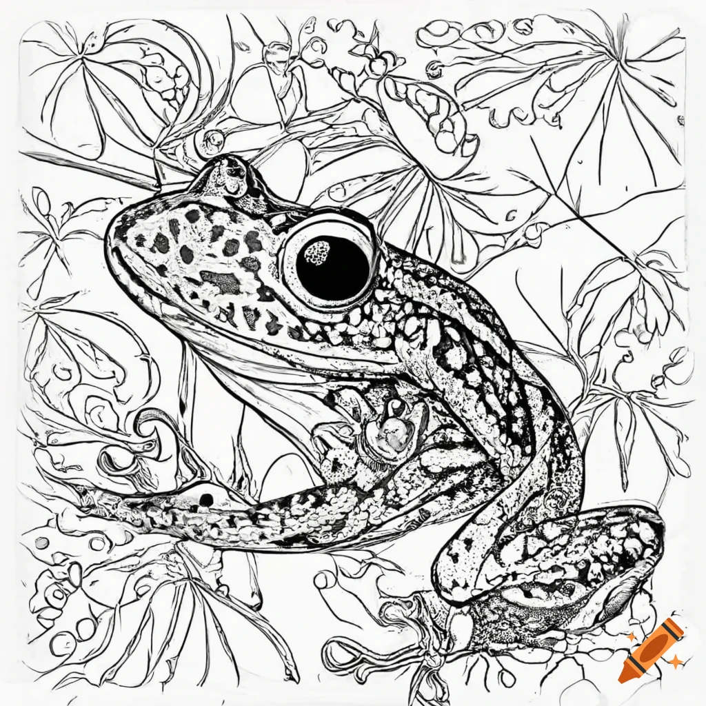 Printable black and white coloring page of a tree frog with intricate details on