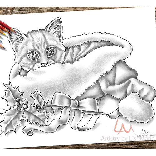 Christmas cat in hat printable coloring book page â artistry by lisa marie