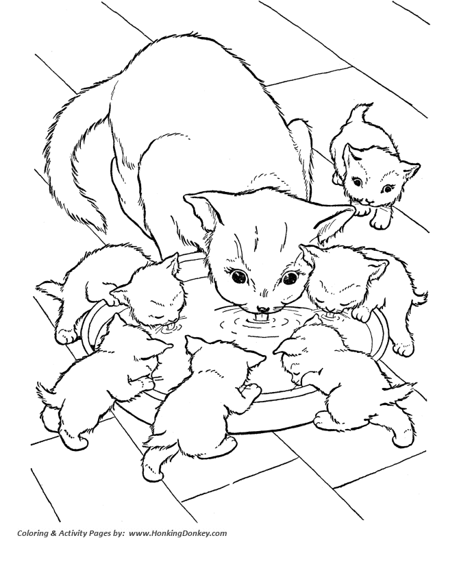 Cat coloring pages printable cat and kittens drinking milk coloring page