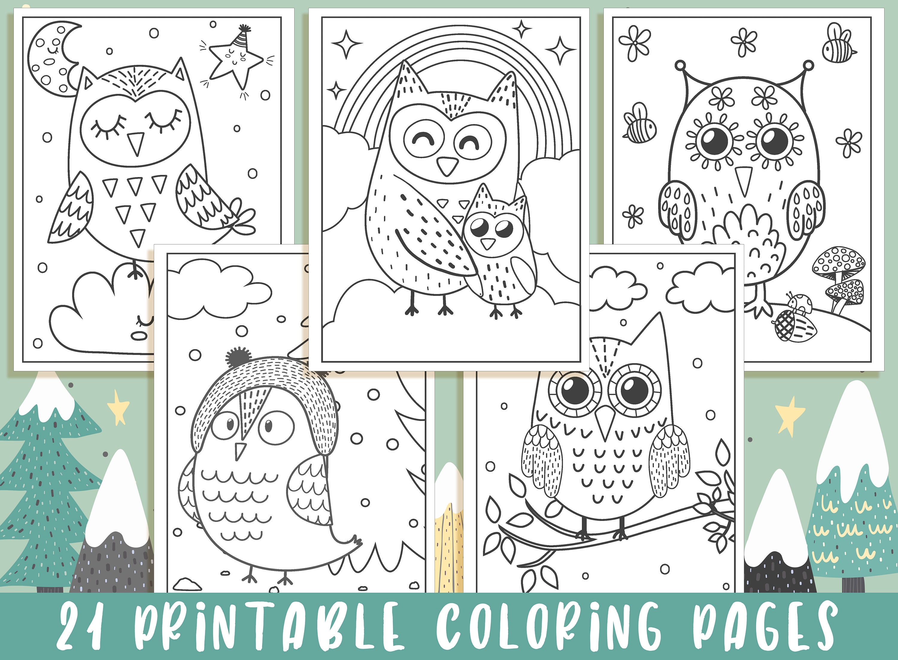 Owl coloring pages printable owl coloring pages for kids boys girls teens owl birthday party activity instant download