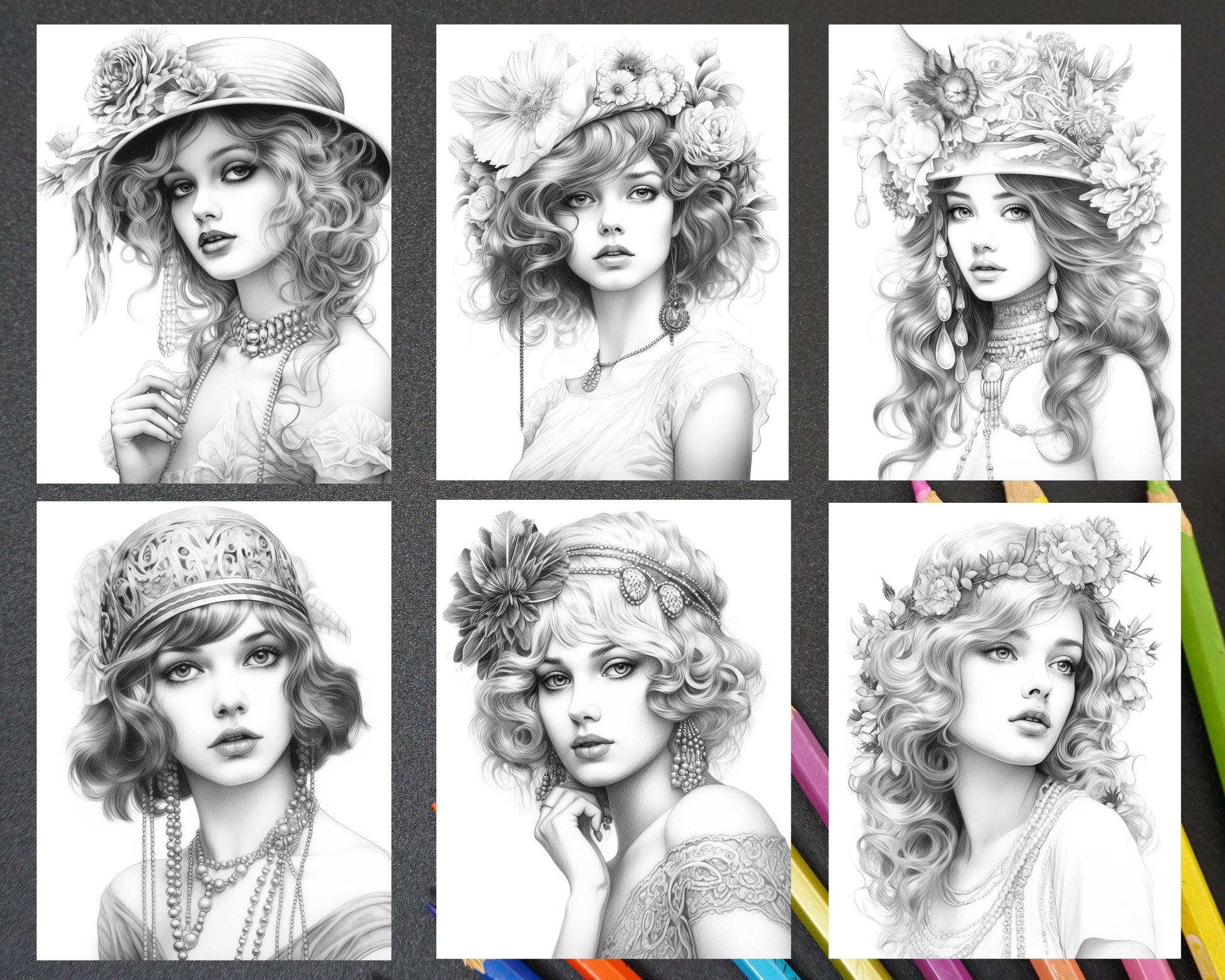 Beautiful gatsby girls grayscale coloring pages printable for adult â coloring