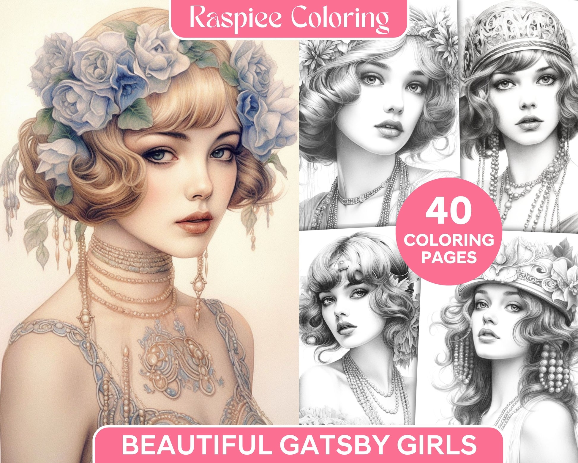 Beautiful gatsby girls grayscale coloring pages printable for adult â coloring