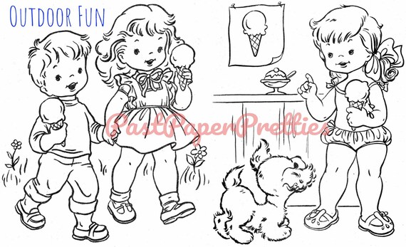 Vintage printable coloring book pages indoor fun outdoor fun s pdf instant digital download two books adorable kitsch children activites