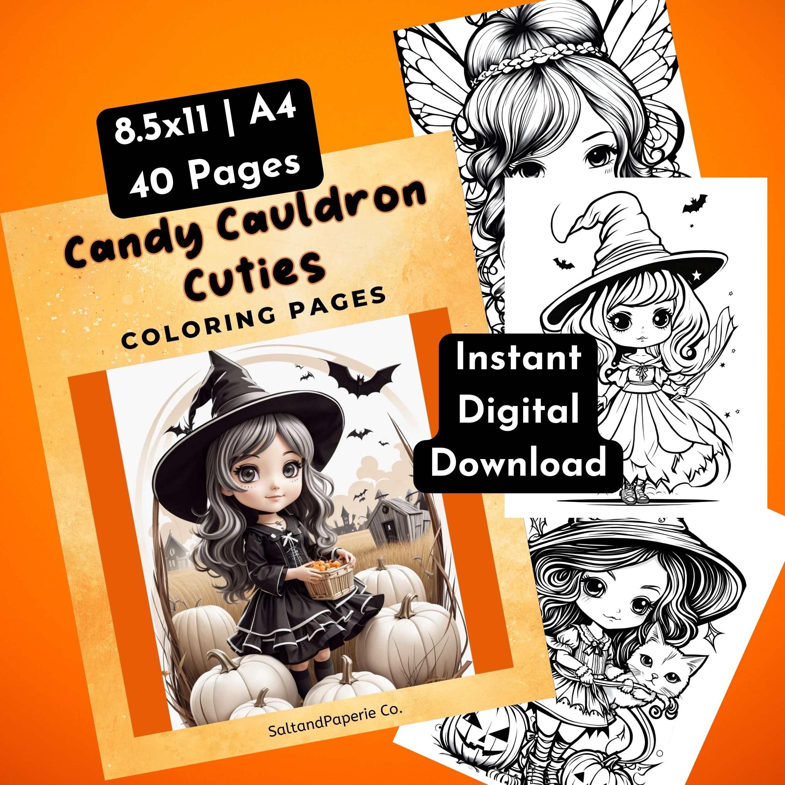 Cute candy cauldron halloween characters coloring pages for adults and older kids made by teachers