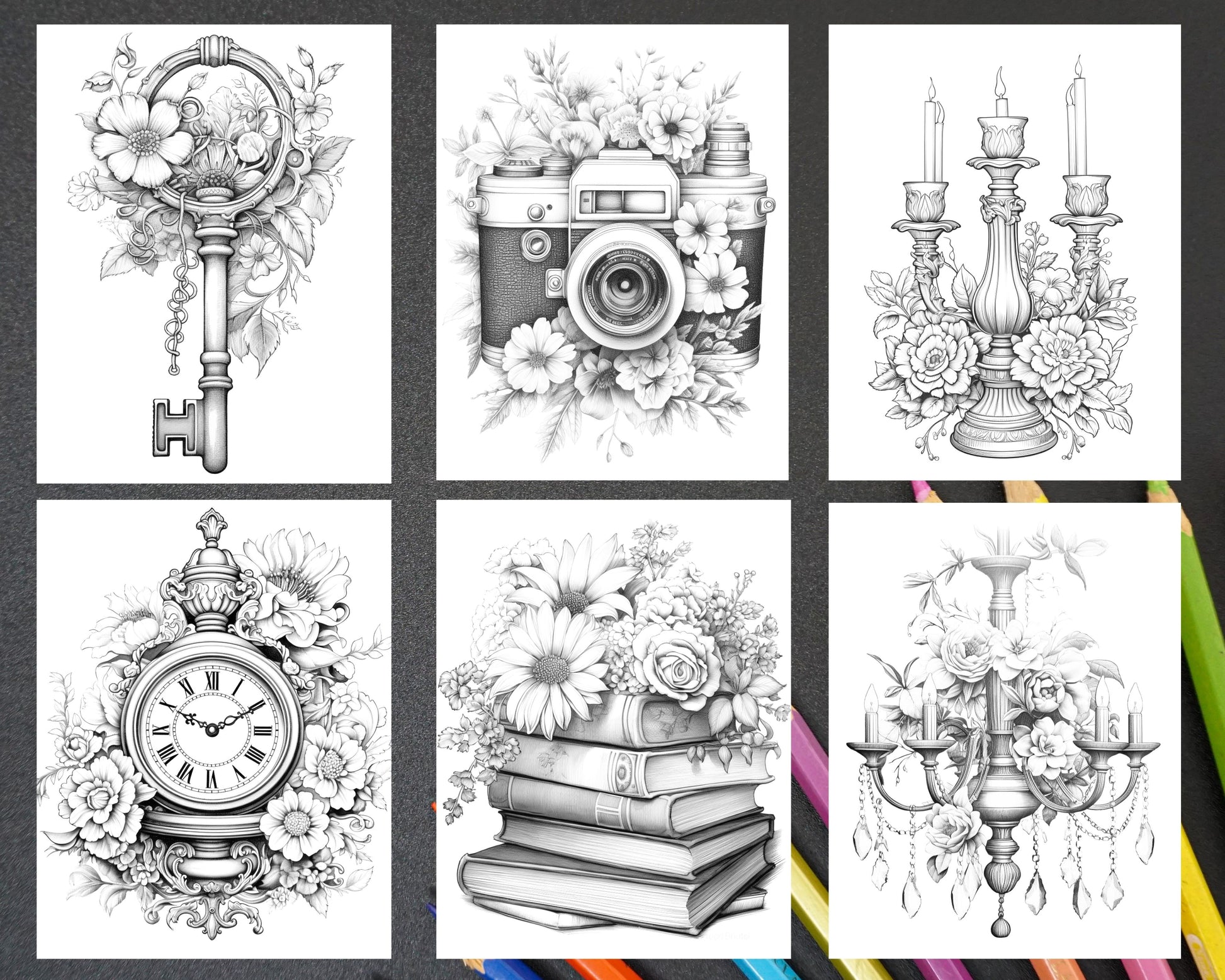 Vintage objects grayscale coloring pages printable for adults pdf â coloring