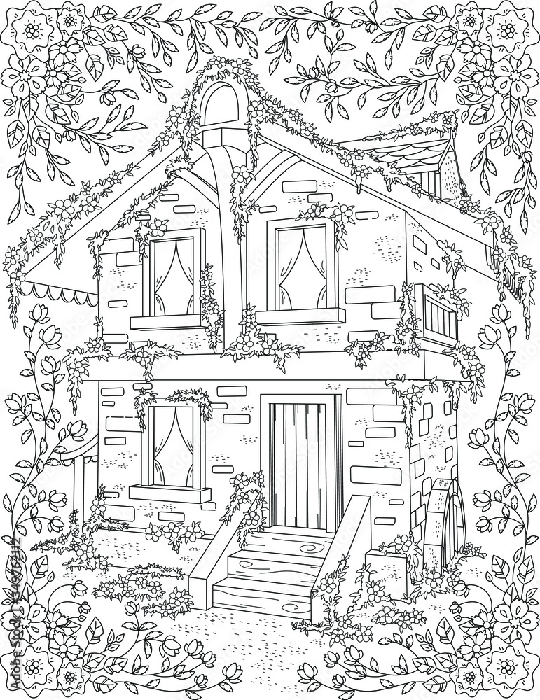 Coloring book page for adult vector line art cottage in summer garden printable old house image vector