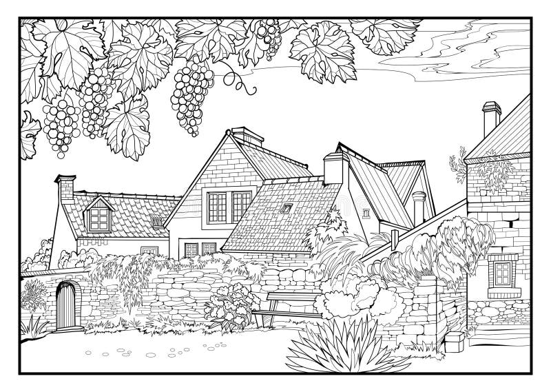 Coloring book for children and adults old french manor with vineyard landscapes for coloring illustration in zen