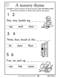 Nursery rhyme one two buckle my shoe kindergarten preschool reading writing worksheet