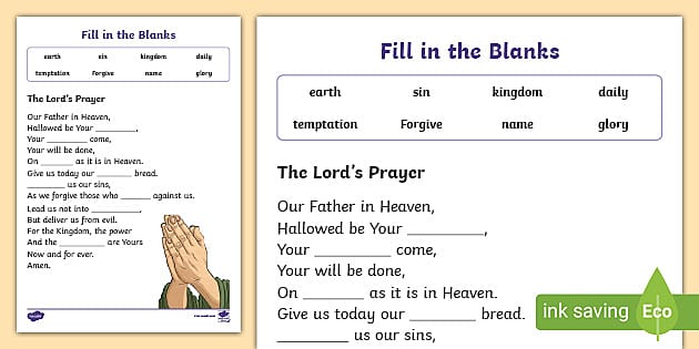 The lords prayer fill in the blanks worksheet
