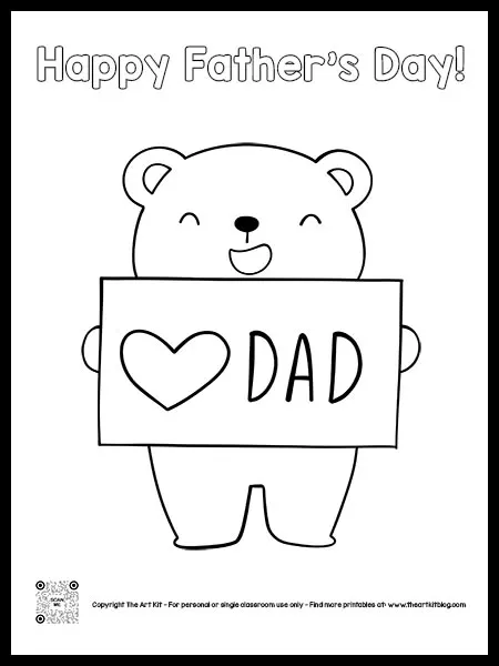 Printable happy fathers day coloring page with bear bubble font â the art kit