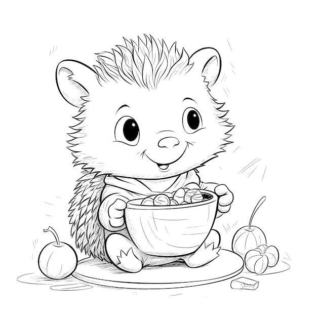 Premium vector hedgehog black and white coloring pages for kids simple lines cartoon style happy cute funny animal in the world