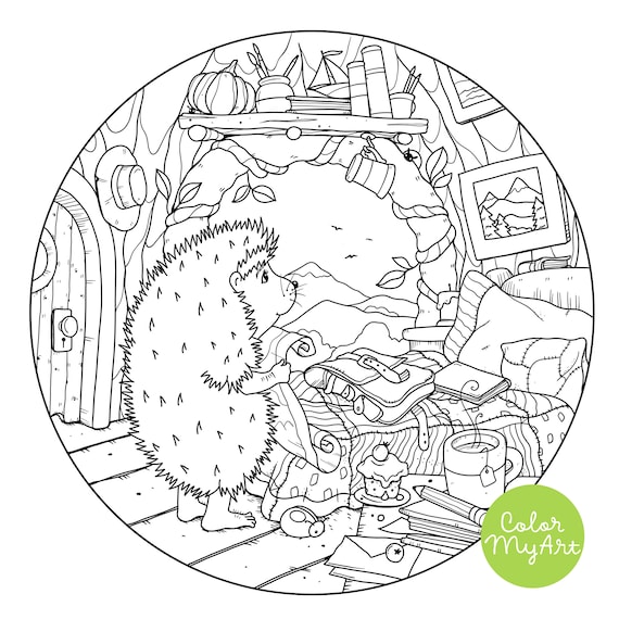 Cute hedgehog coloring page forest animal whimsical coloring sheet adult coloring printable or digital