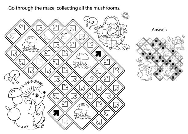 Maze or labyrinth game puzzle coloring page outline of cartoon little hedgehog with basket of mushrooms coloring book for kids stock illustration