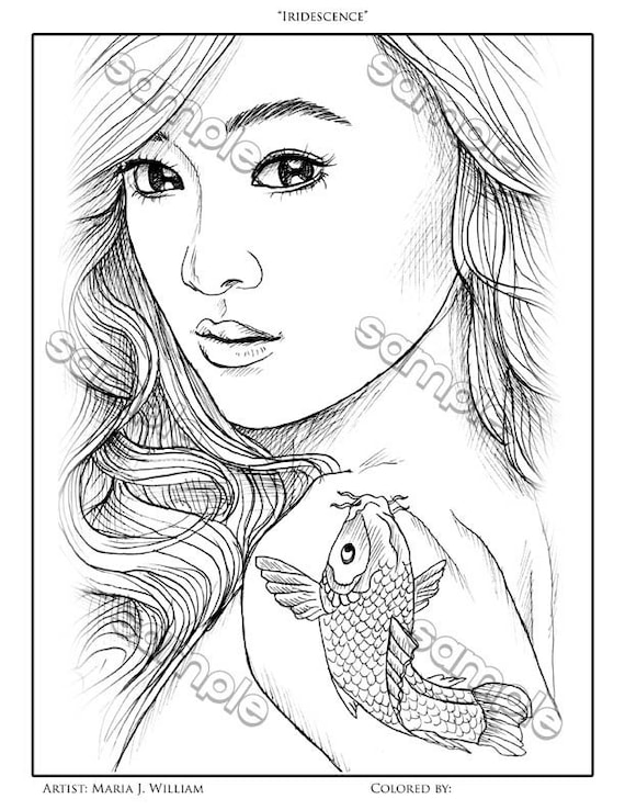 Woman with a koi tattoo coloring page by maria j william instant pdf download