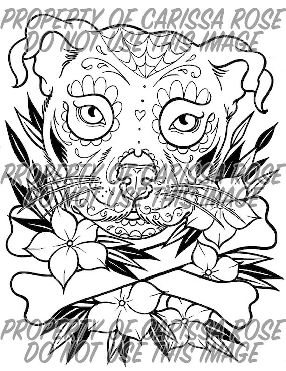 Digital download print your own coloring book outline page sugar skull pit bull day of the dead tattoo flash art dog portrait coloring art