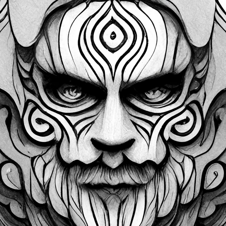 Black and white trippy psychedelic nordic viking monster face coloring page for adults printable outlined art intricate details crisp line intricate details illustration geometric patterns highly detailed mandala dark fantasy