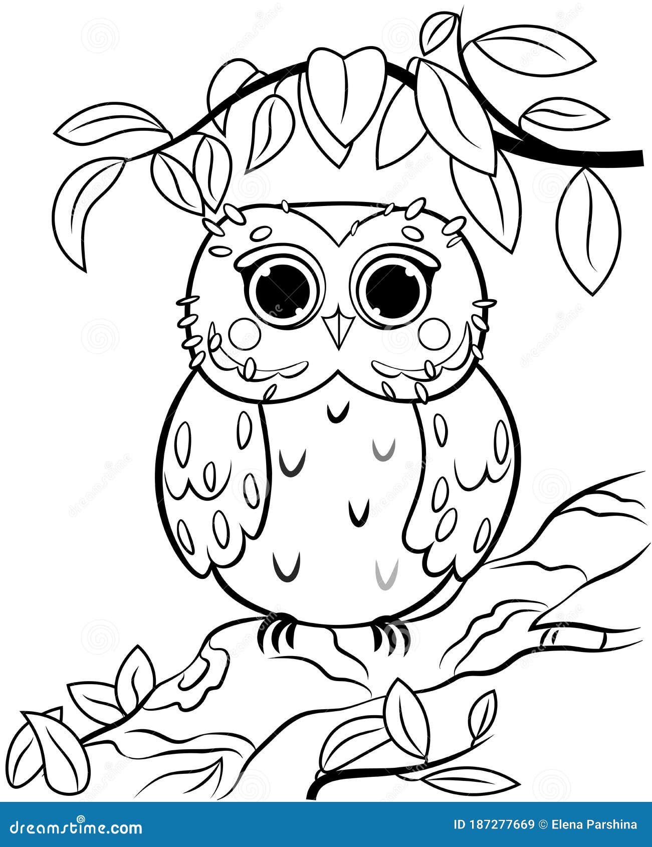 Printable coloring page outline of cute cartoon owl on a tree branch vector image with nature background stock vector