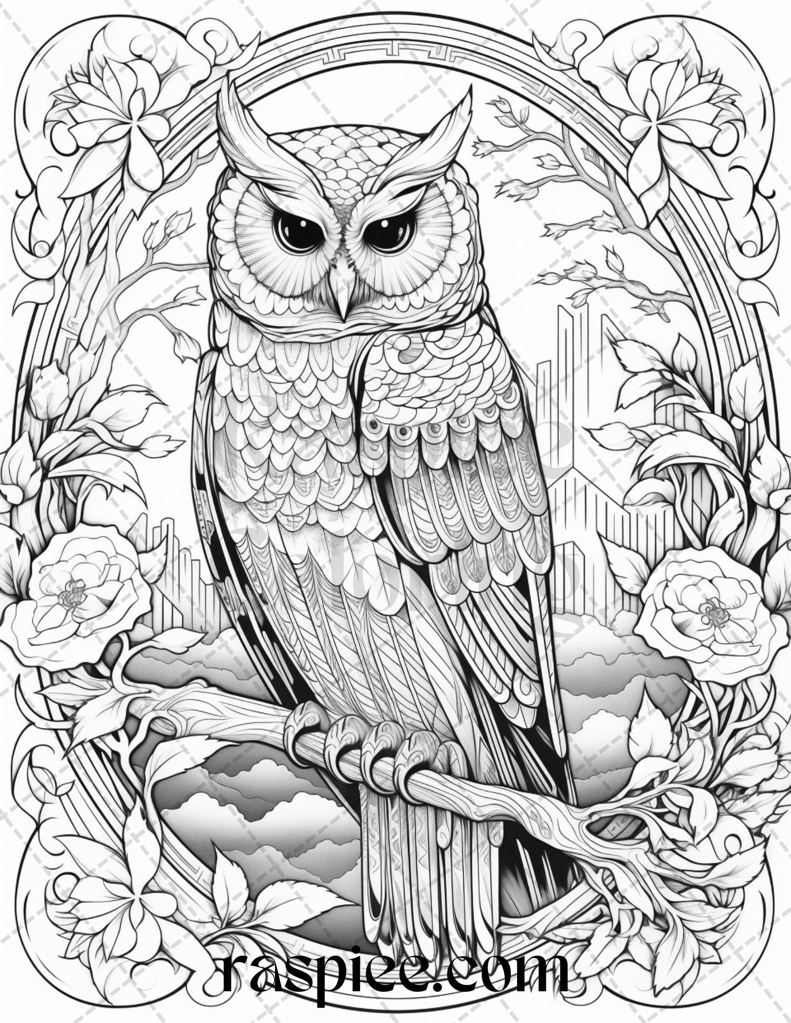 Floral owl grayscale printable coloring pages for adults pdf file â coloring