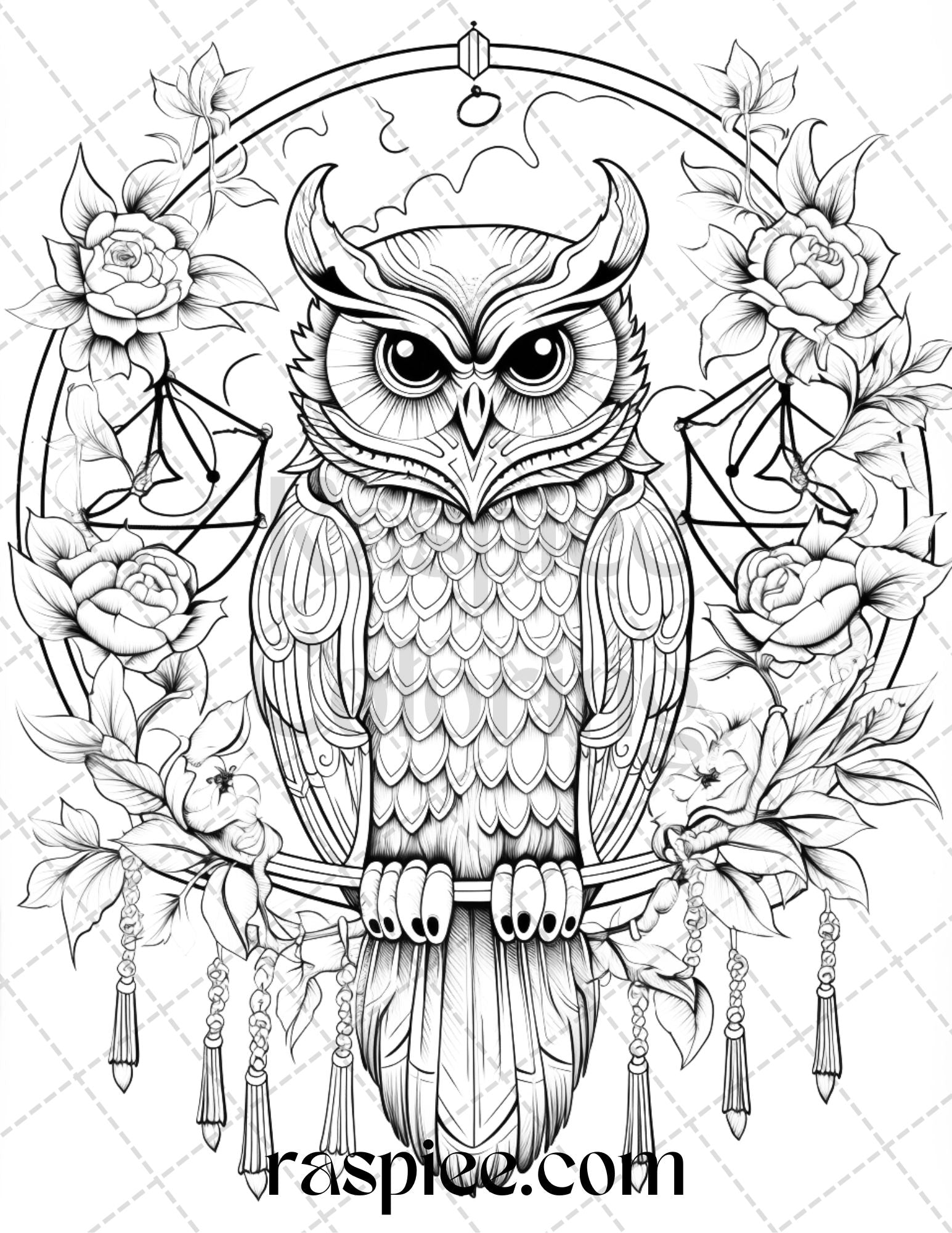 Floral owl grayscale printable coloring pages for adults pdf file â coloring