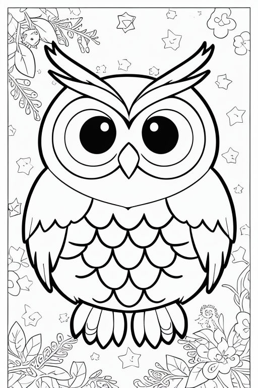 Black and white no color outline of a cute owl on a branch to color