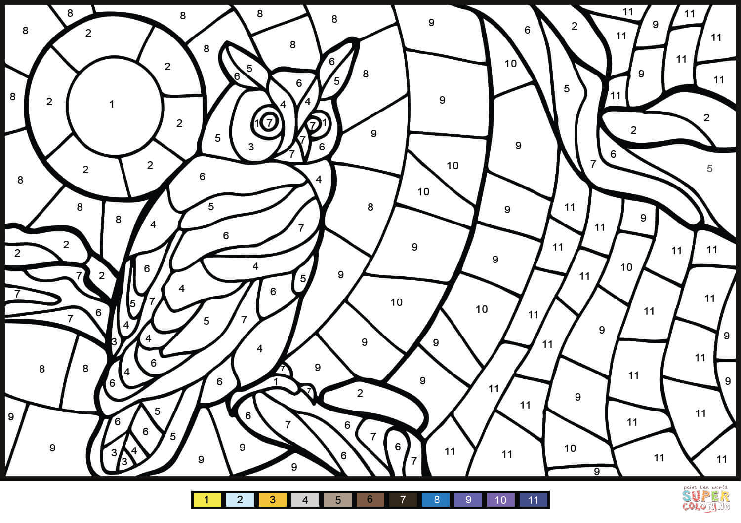 Owl color by number free printable coloring pages