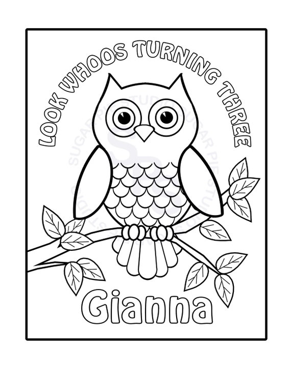 Personalized owl coloring page birthday party favor colouring
