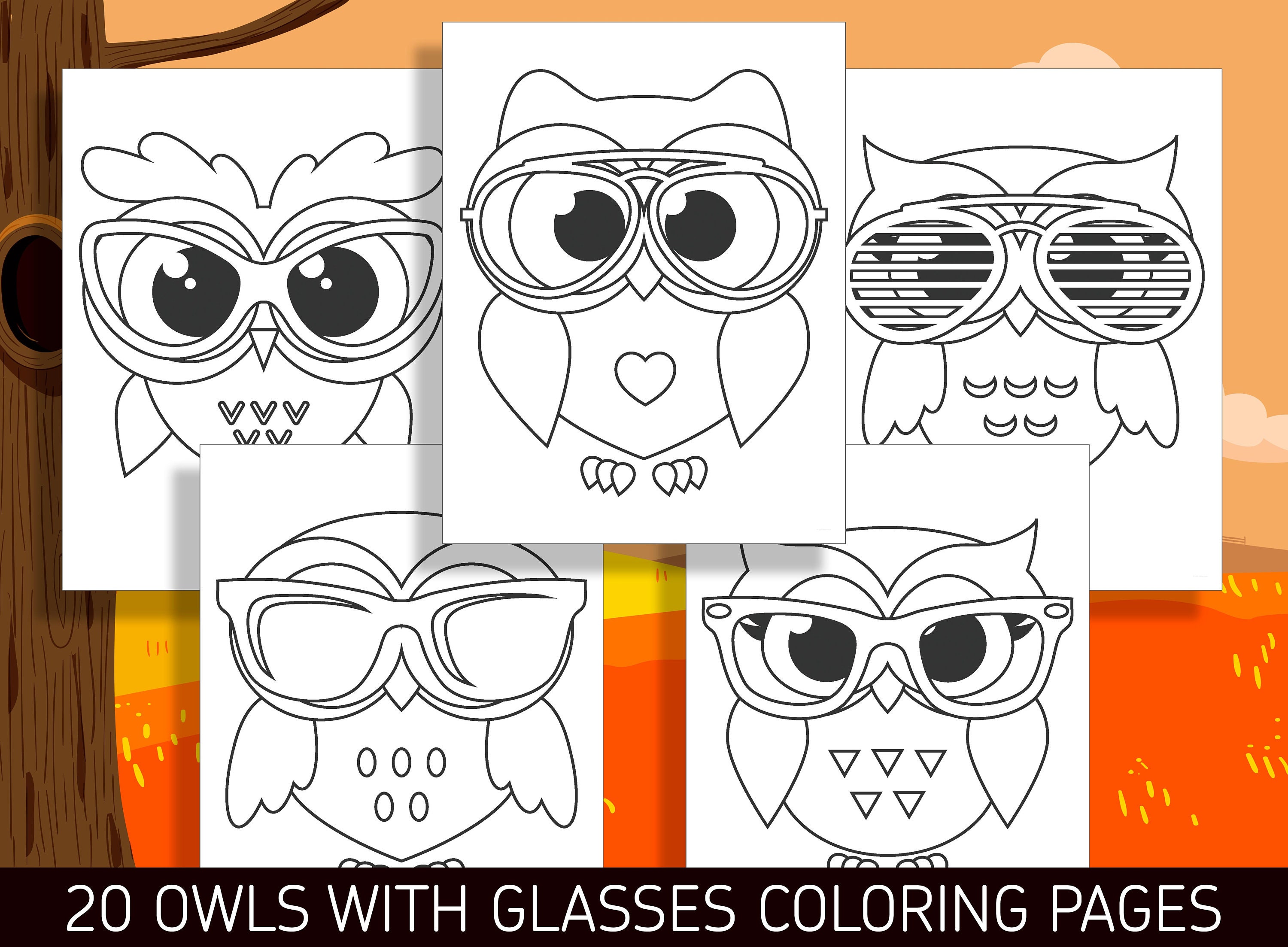 Adorable owl with glasses coloring pages for preschool and kindergarten kids pdf file instant download