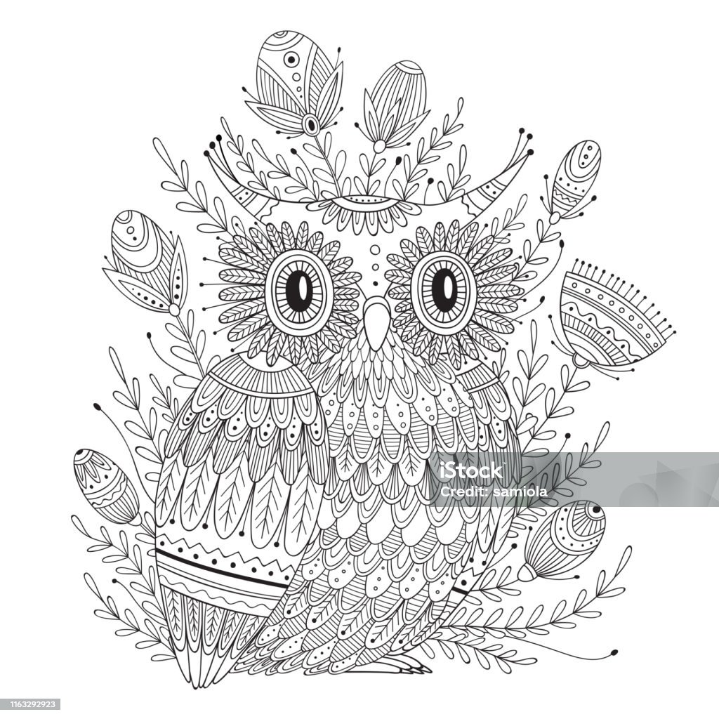 Beautiful detailed coloring page with bird stock illustration