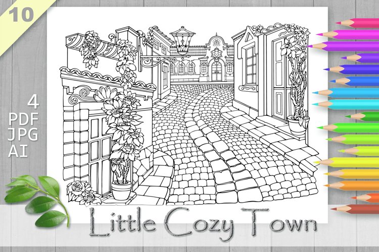 Cozy town coloring page printable aesthetic